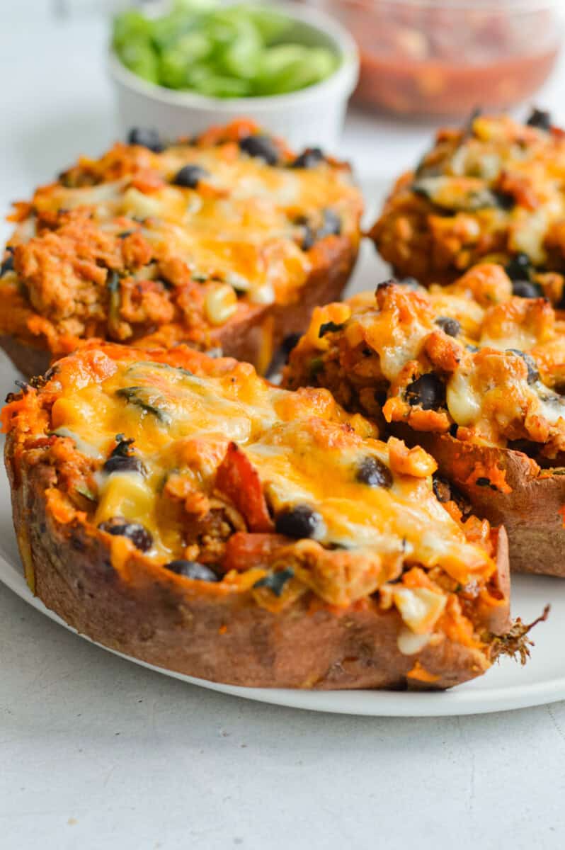 Plate of turkey stuffed sweet potatoes.