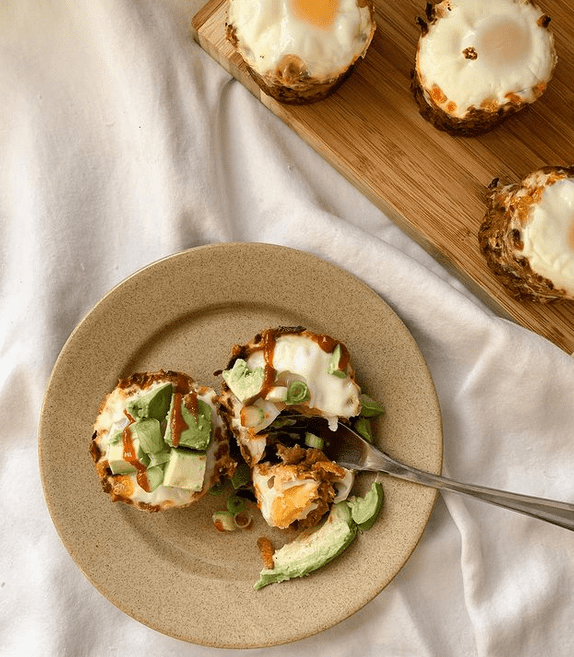 Plate of sweet potato egg nests. 