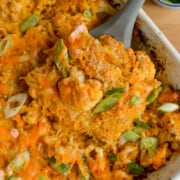 Birds eye of buffalo chicken spaghetti squash casserole with cheese and green onions.