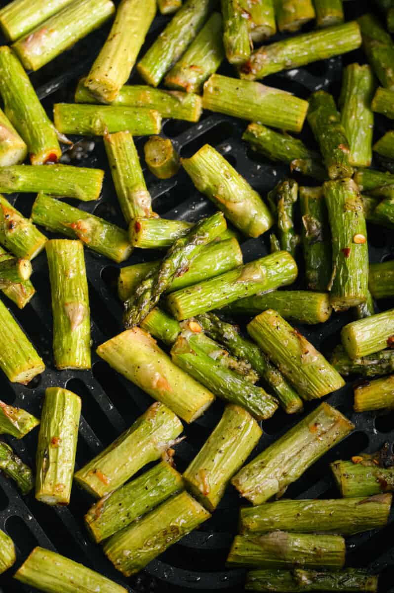 Close up of spicy parmesan air fryer asparagus.