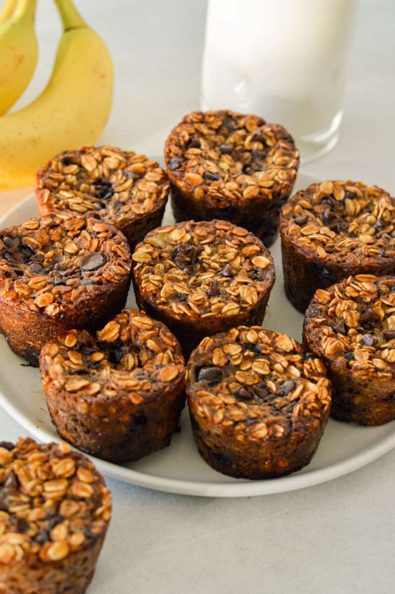 Plate of banana oatmeal chocolate chip muffins.