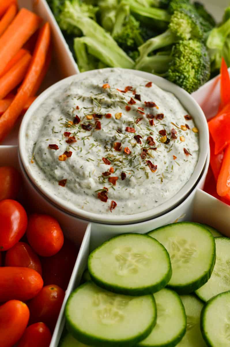 Cut-up veggies served with cottage cheese dip.