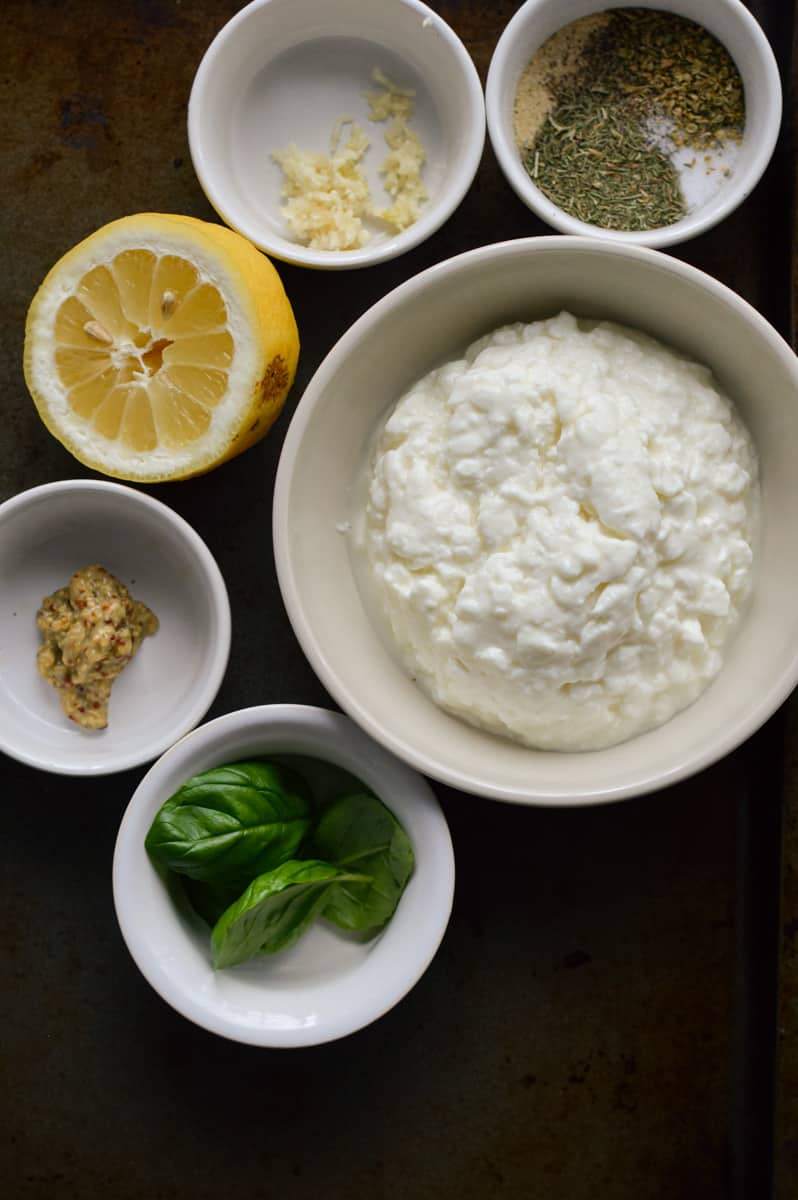 Ingredients including cottage cheese, lemon juice, herbs and garlic.