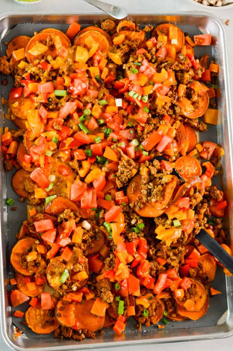 Birds eye of sweet potato nachos on a tray.