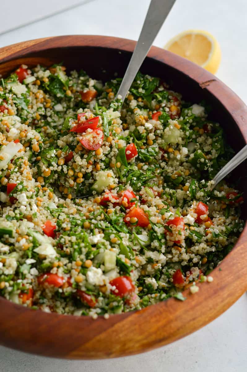 Mixing together copycat Costco quinoa salad.