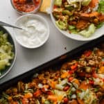 Pan of loaded sweet potato nachos.
