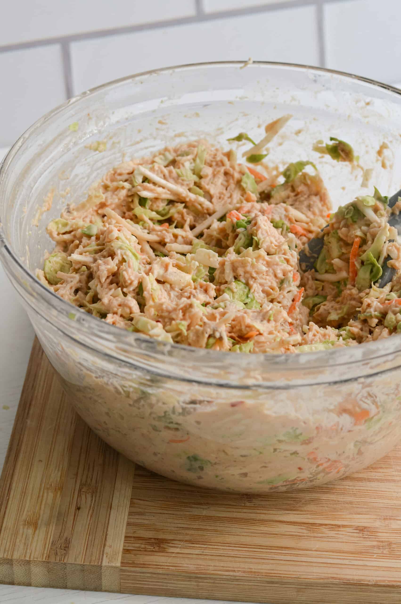 Bowl of 5 ingredient shredded chicken salad.