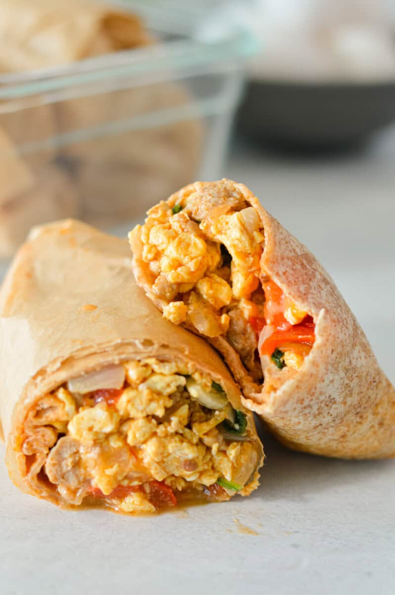 Close up of egg and cheese breakfast burritos.