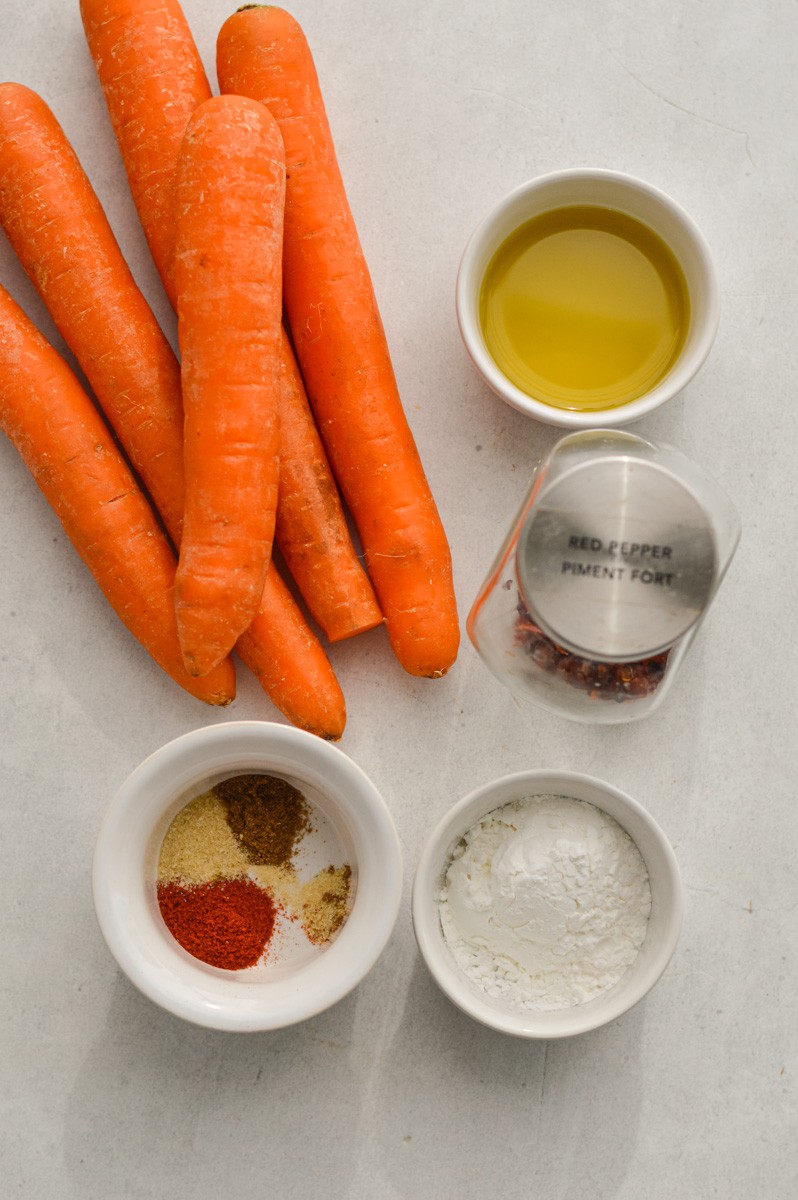 Ingredients including carrots, olive oil, cornstarch and spices.