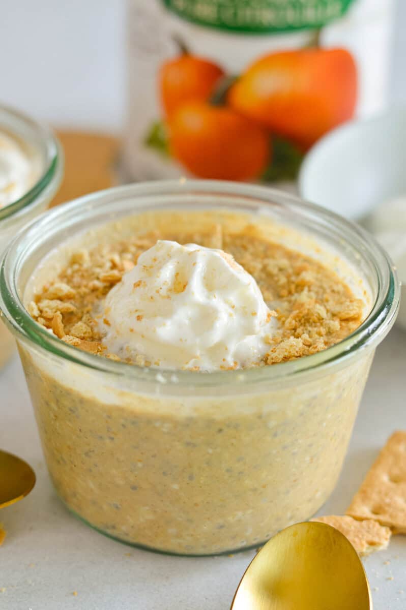 Close up of pumpkin overnight oats topped with Greek yogurt.
