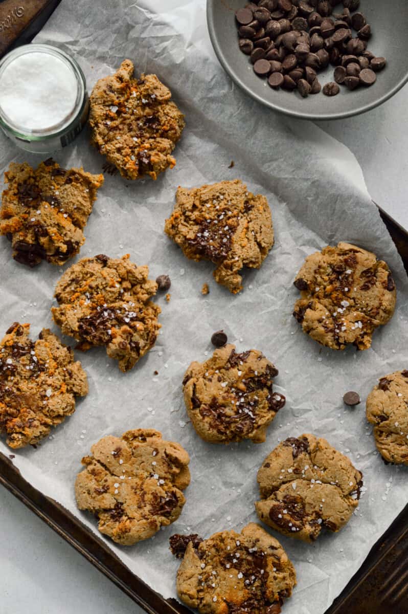 Tray of freshly baked vegan protein cookies.