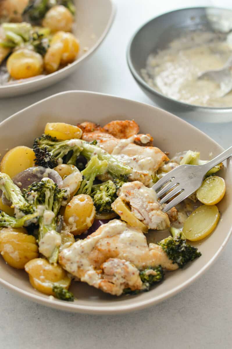 Plate with honey mustard chicken thighs, potatoes and broccoli.