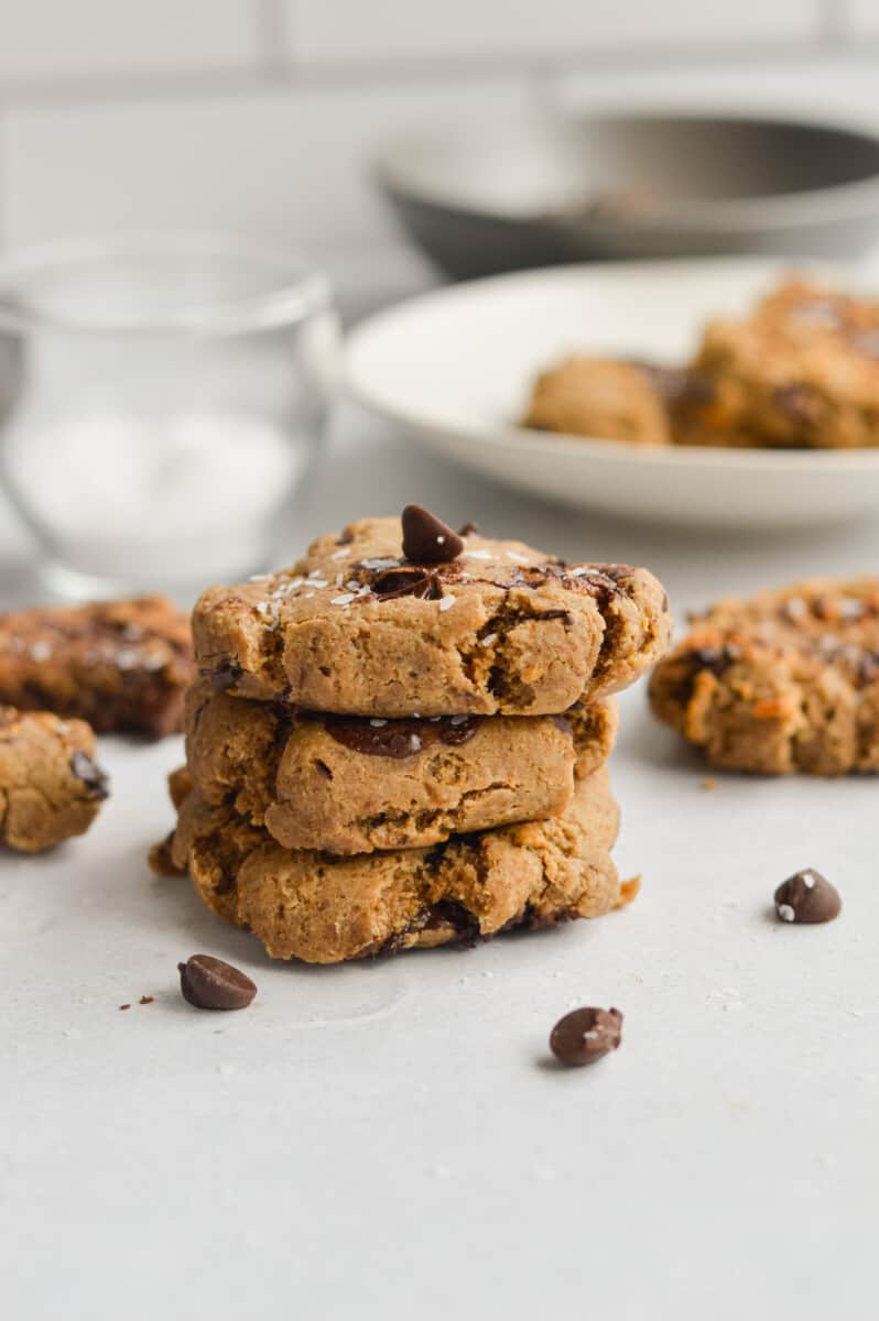 Stack of three vegan protein cookies.