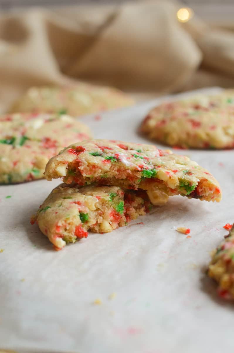 Cross-section of a white chocolate peppermint cookie.