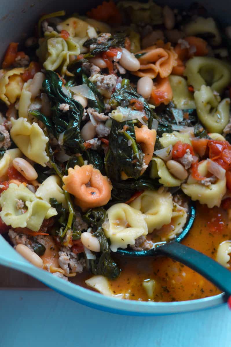 Creamy spinach tortellini soup close-up in a pot.