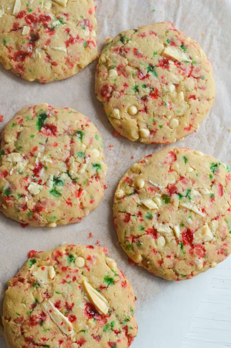 White chocolate peppermint cookies on a tray.