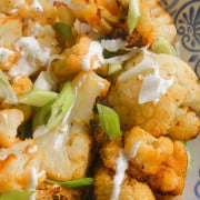 Air fryer frozen cauliflower with garlic aioli sauce.