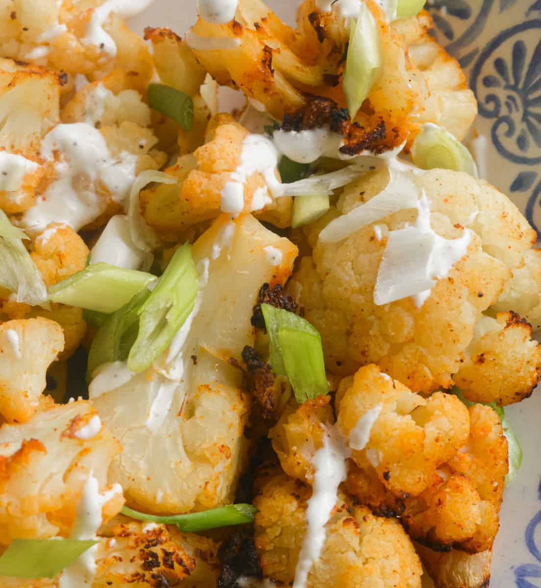 Frozen cauliflower with garlic aioli sauce.