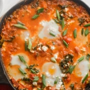Moroccan shakshuka in a cast iron pan.