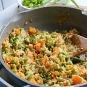 Vegetarian fried rice in a pan.