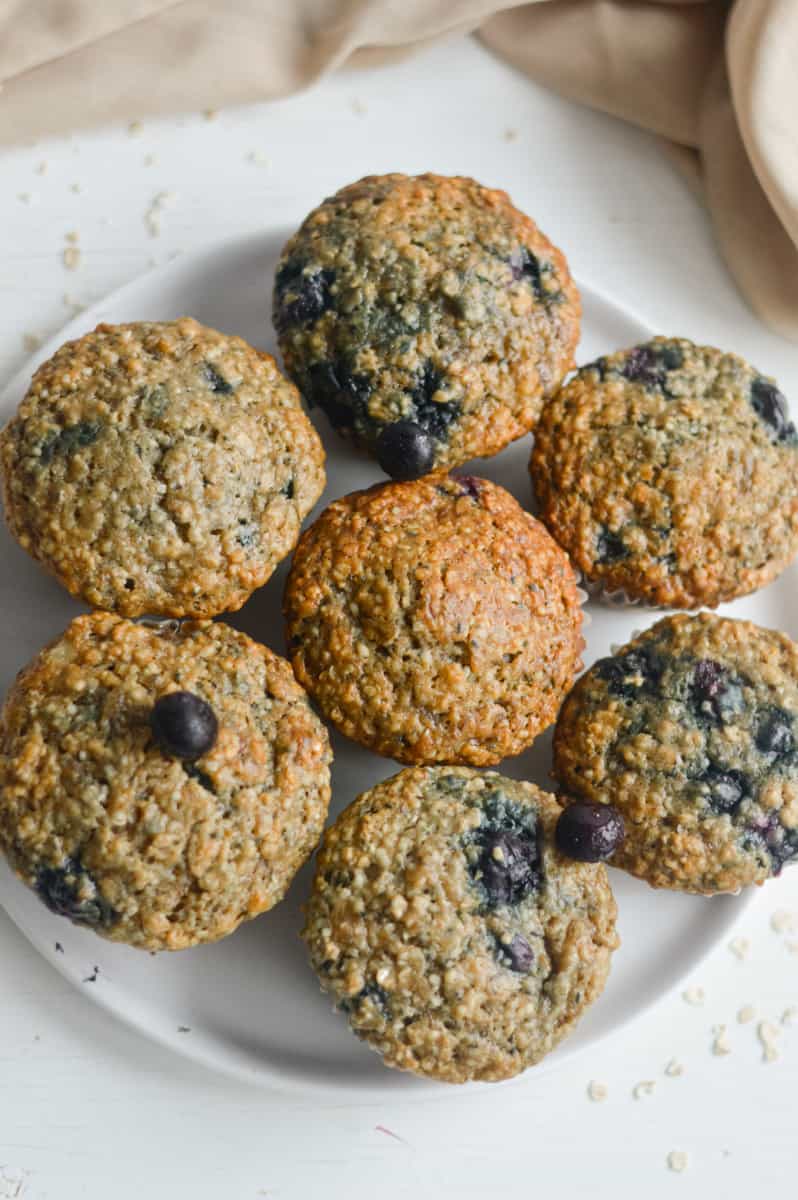 Birds eye of a plate with blueberry banana muffins.