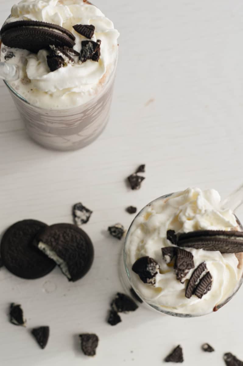 Birds eye view of two Oreo protein shakes.