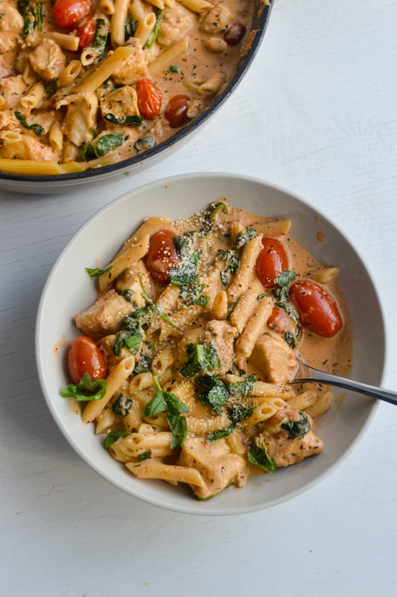 Creamy chicken and tomato pasta in a bowl.
