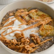 Warm chia pudding topped with peanut butter, yogurt, caramelized banana,s and walnuts.