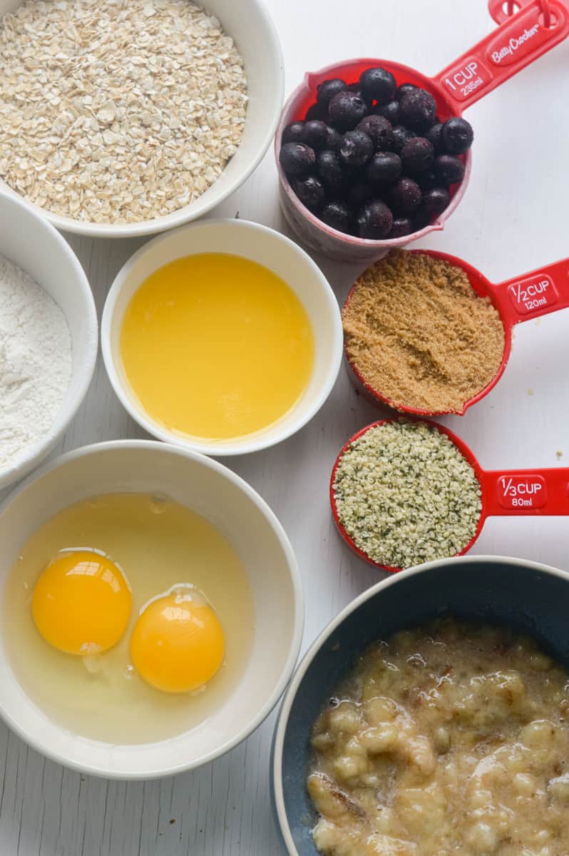 Birds eye view of ingredients for banana blueberry oatmeal muffins.