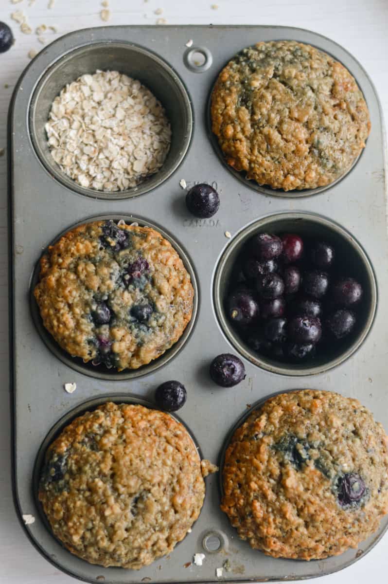 Oat banana blueberry muffins fresh from the oven.