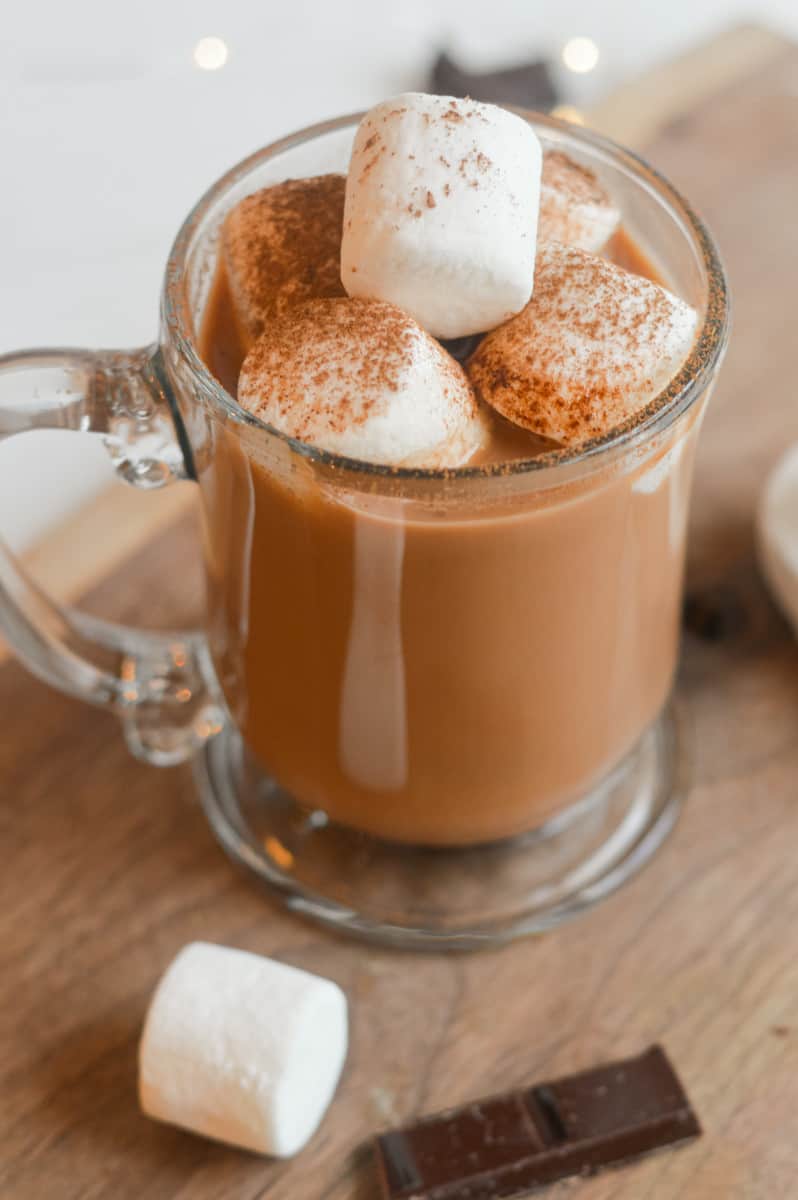 Oat milk hot chocolate in a mug with marshmallows