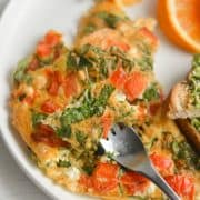 Air fryer omelette on a fork.