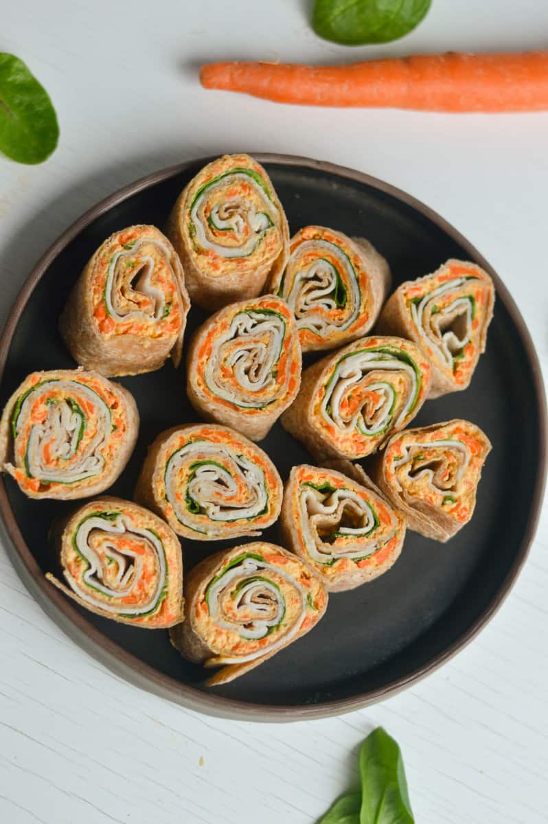 Plate of turkey and cheese roll ups.