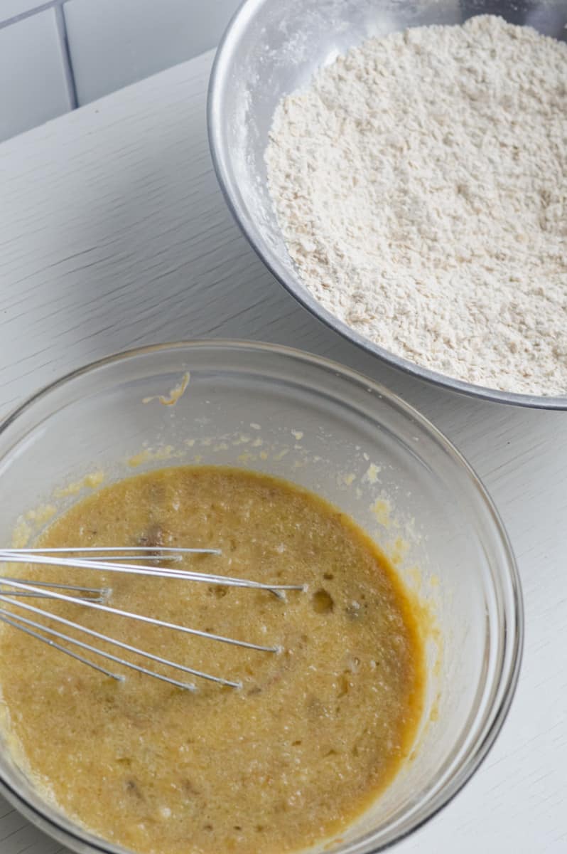 Whisking together ingredients for  muffins.