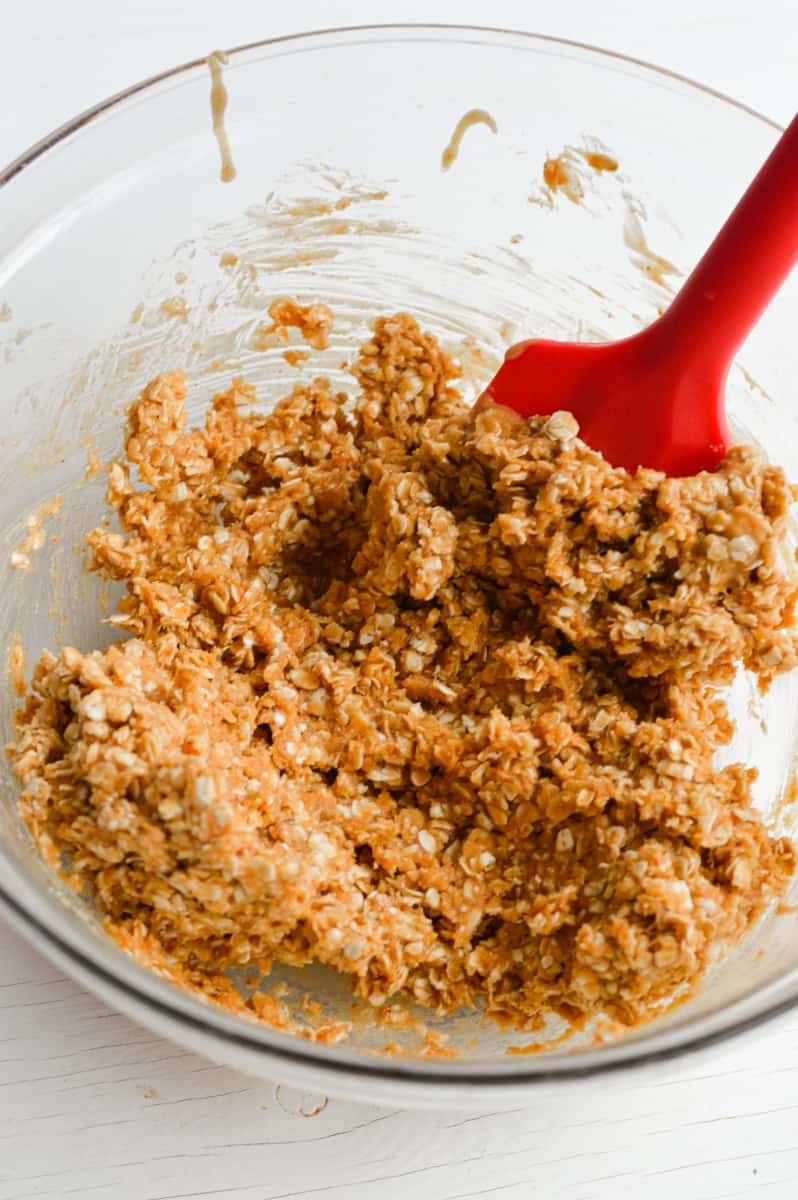 Mixed batter for peanut butter oatmeal balls.