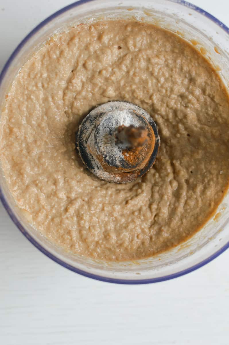 Batter for chickpea blondies in a food processor.