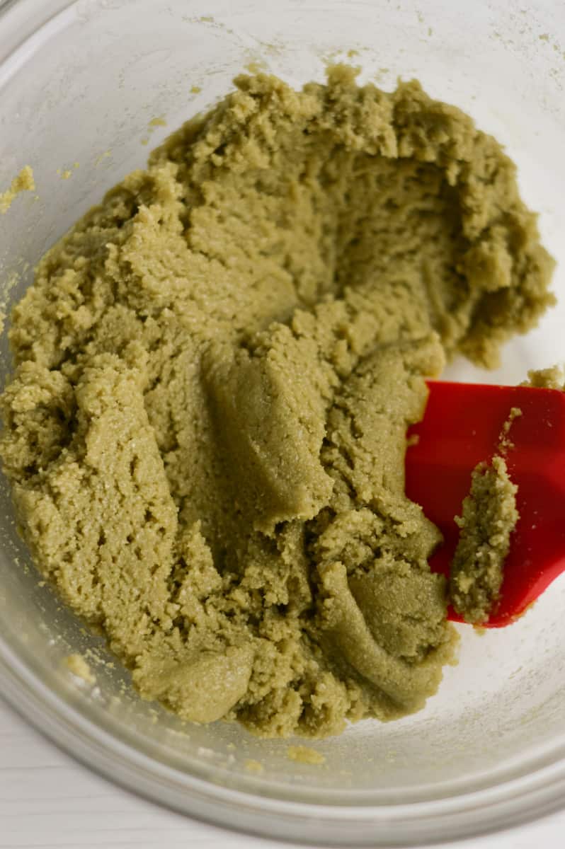 Mixing matcha cookie dough.
