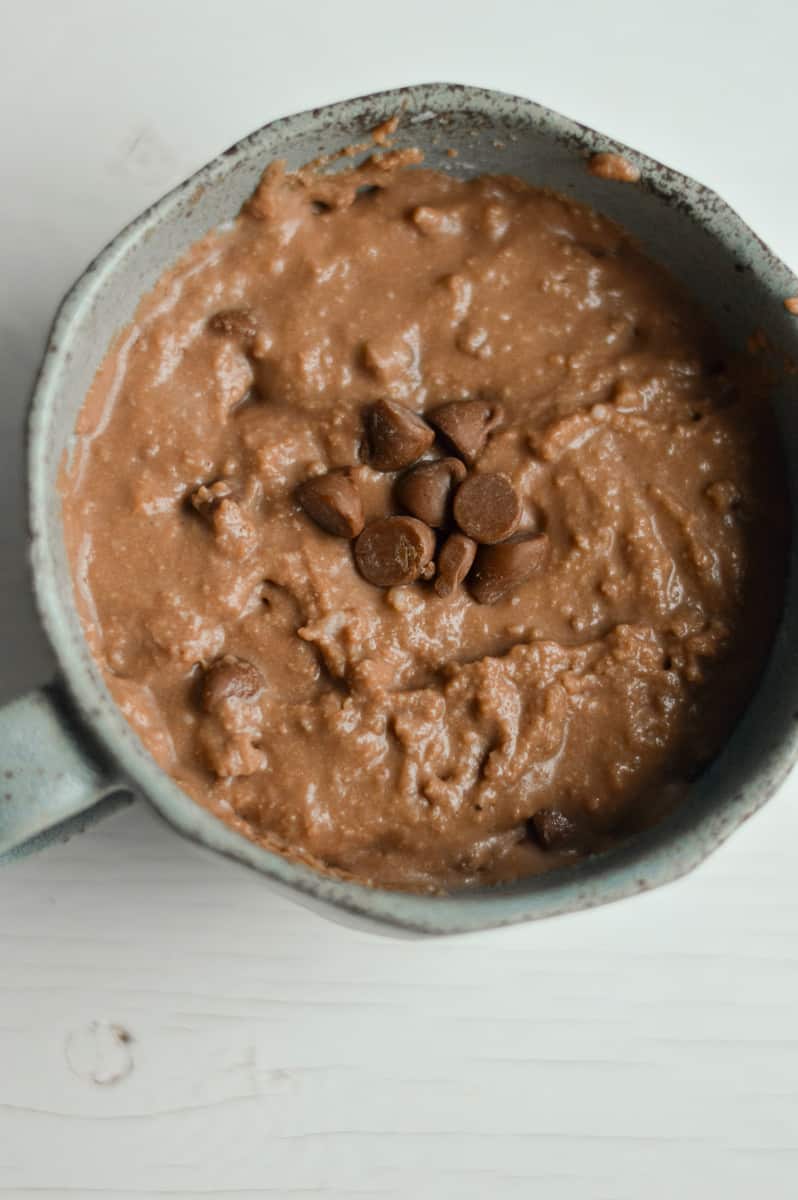 Cake batter in mug.
