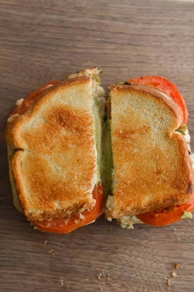 Air fryer tuna melt sliced in half.