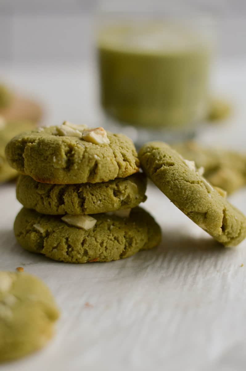 Stack of matcha white chocolate cookies.