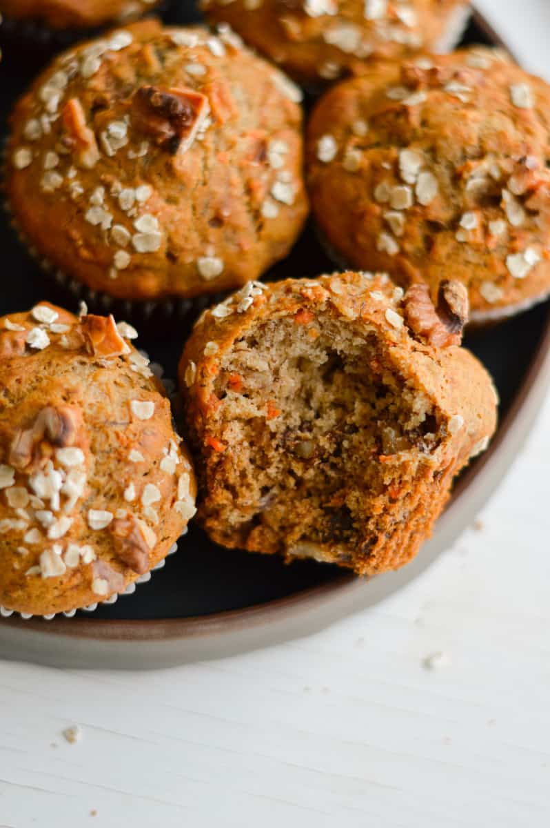 Banana and carrot muffin with a bite.