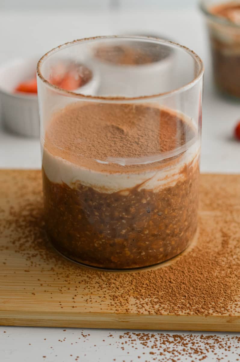 Tiramisu overnight oats in a jar.