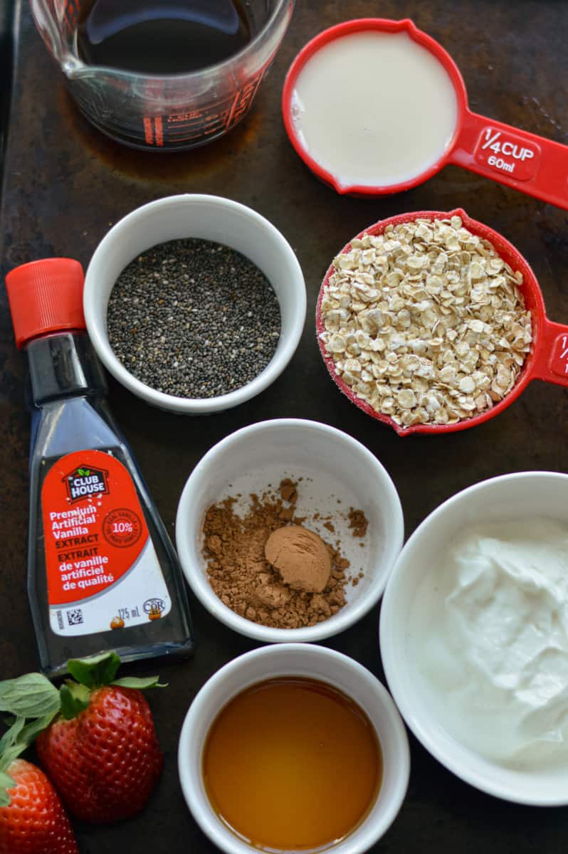 Ingredients including coffee, milk, oats, Greek yogurt, and maple syrup.