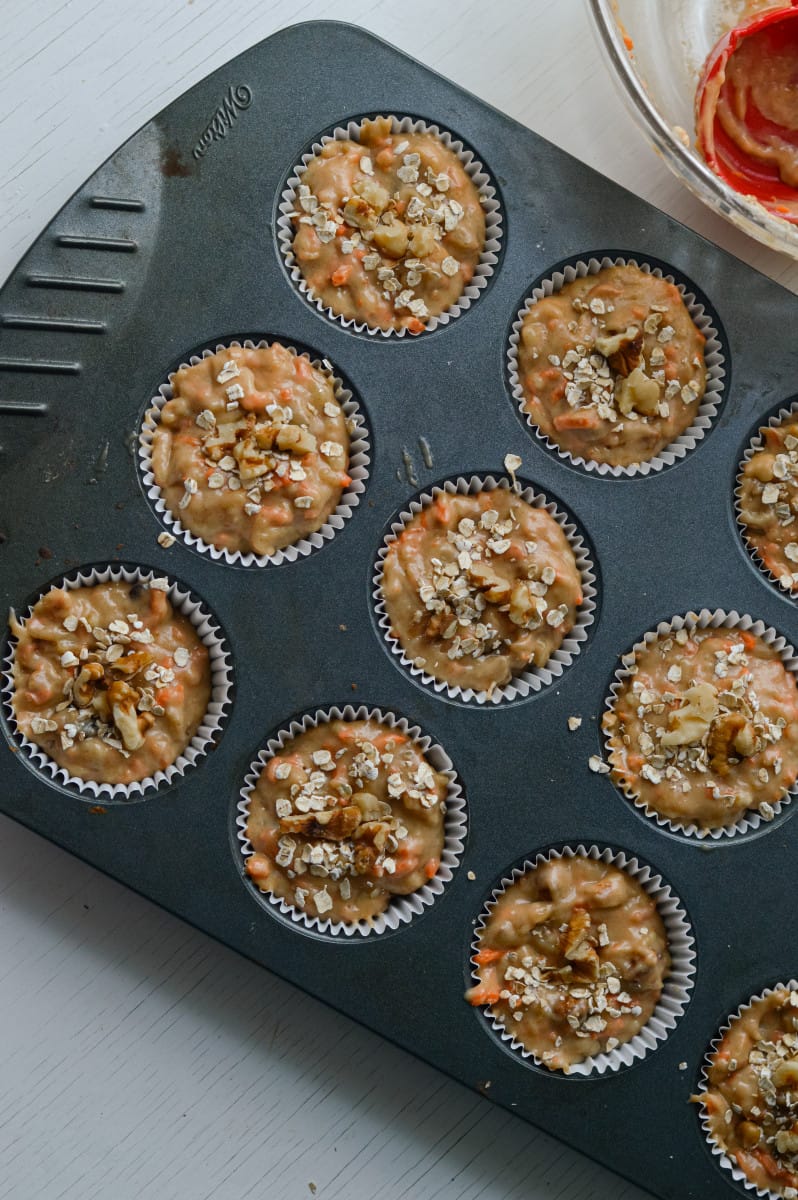 Baking banana and carrot muffins.