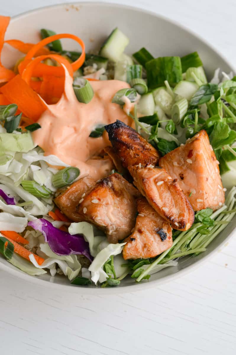 Adding air fryer teriyaki salmon to a nourish bowl.
