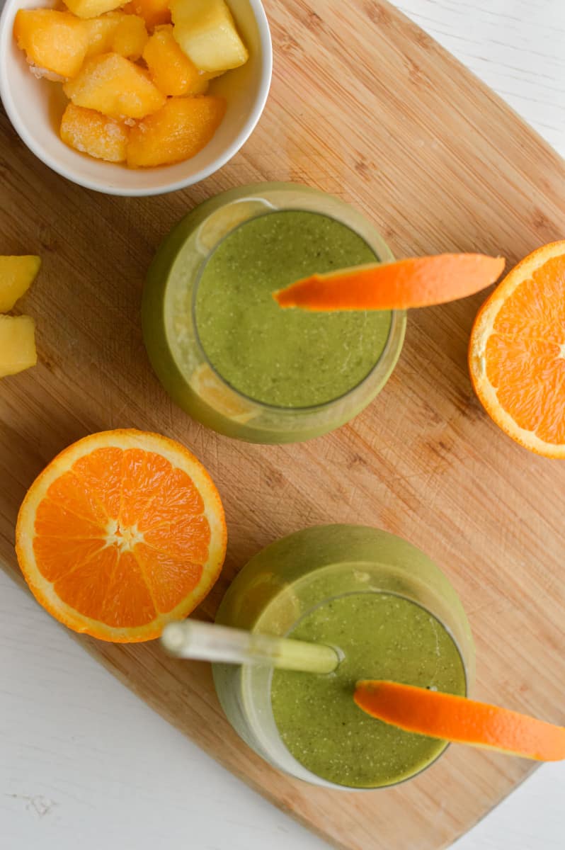 Birds eye view of two iron rich smoothies.