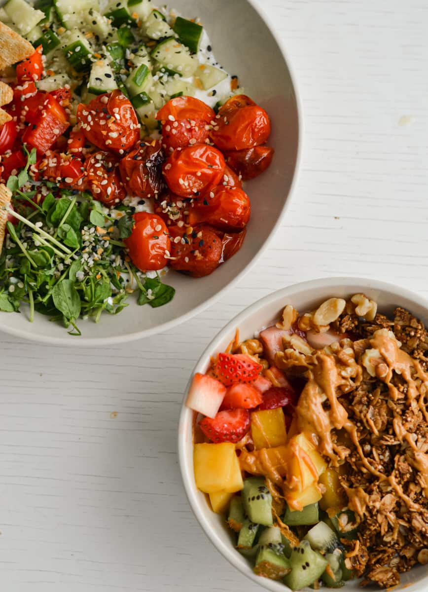 Blended cottage cheese bowls with a sweet and savoury option.