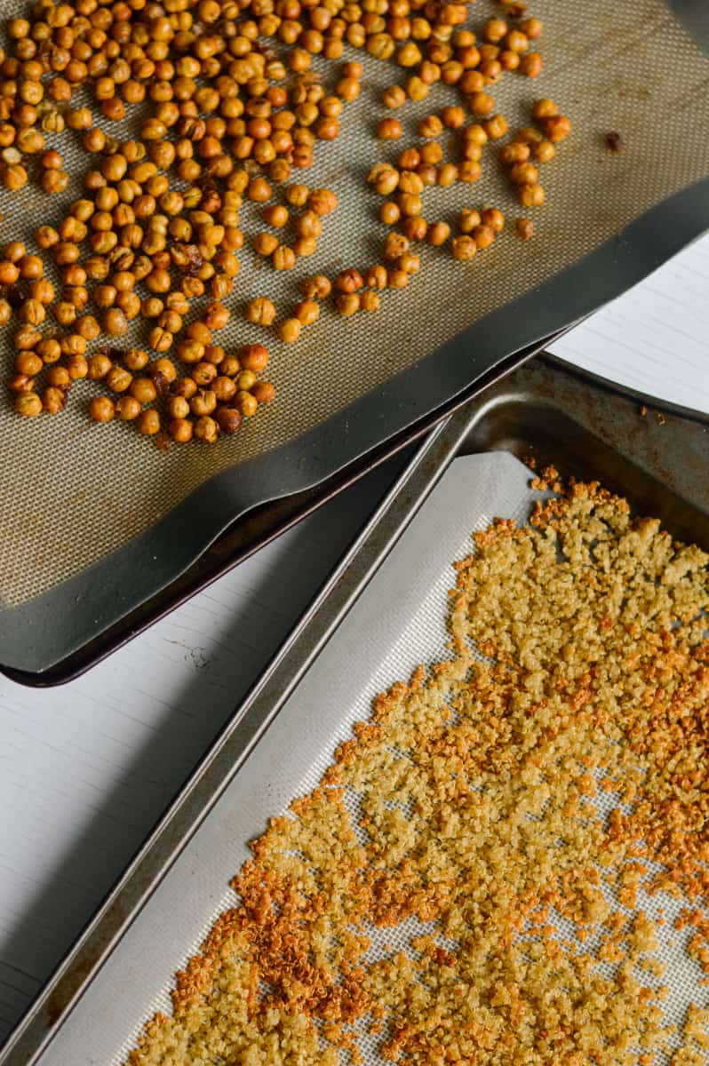 Baking chickpeas and quinoa until crispy.