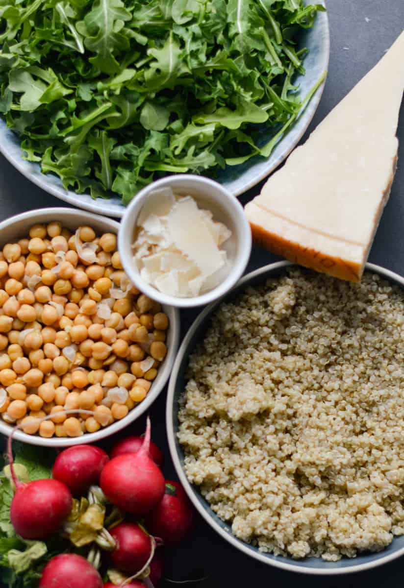 Ingredients for arugula quinoa salad.