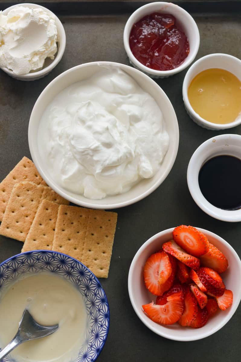 Ingredients for cheesecake frozen yogurt bars.